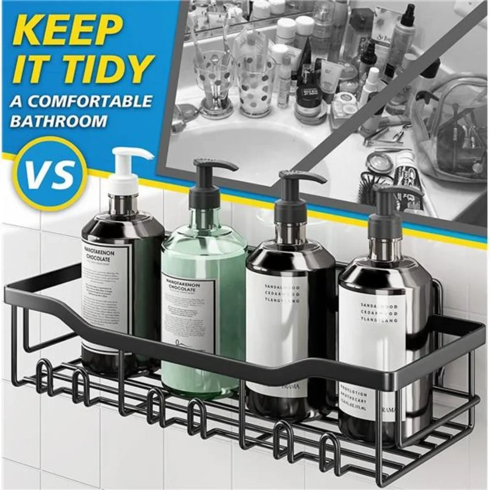 Shower Shelves [5-Pack], Adhesive Shower Organizer, Stainless Steel, Black